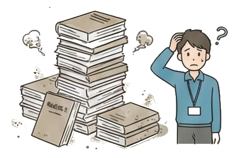 分厚いマニュアルの山のイラスト